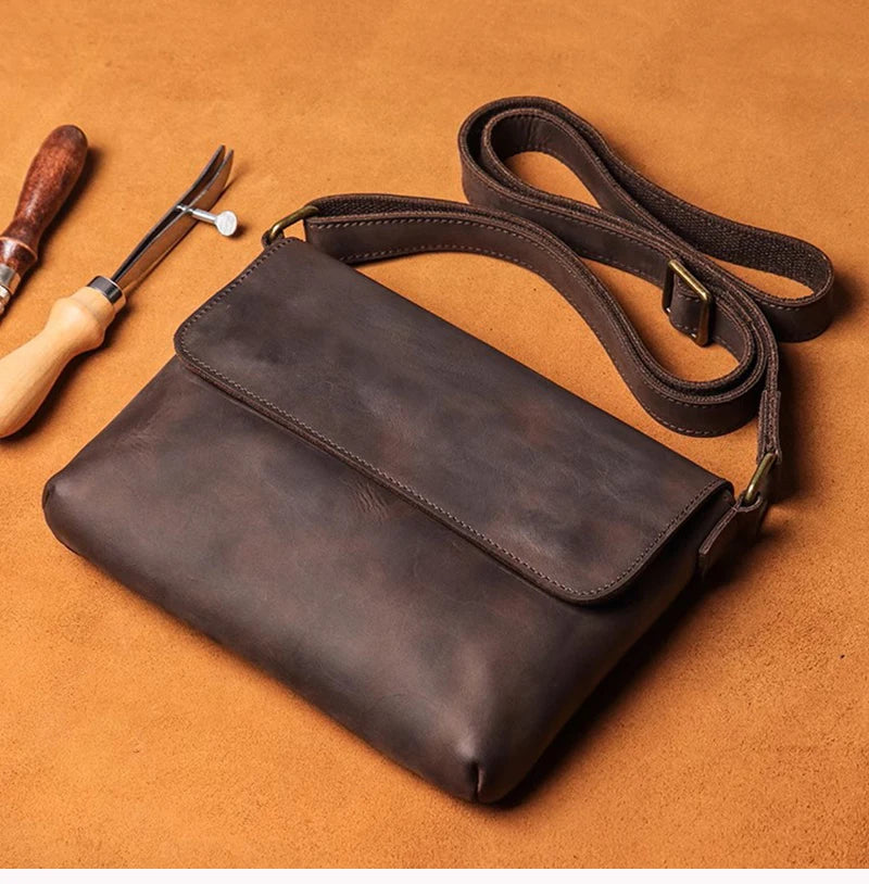 Men's Cowhide Bag Flap Fashion Shoulder Bag 7.9 Inch iPad Phone Bag Vintage Leather Crossbody Bag Gift for Husband