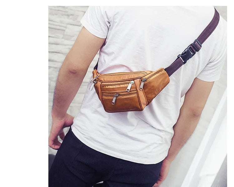 Men's Top-Grain Cowhide Genuine Leather Fanny Pack Multi-Pocket Casual Crossbody Waist Bag for Outdoor Travel And Daily Use