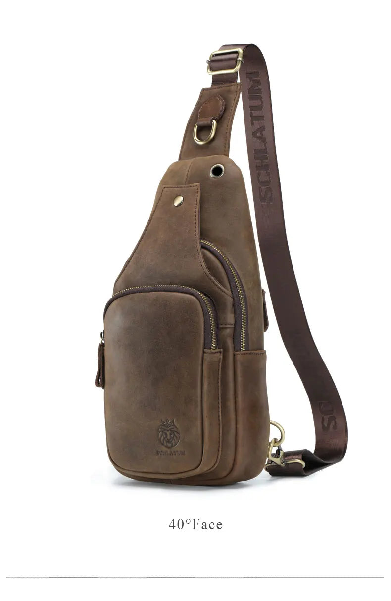 SCHLATUM 100%Genuine Leather Chest Bag Casual Triangle Crossbody Design Travel Shoulder Backpack Men Leather Multifunctional Bag