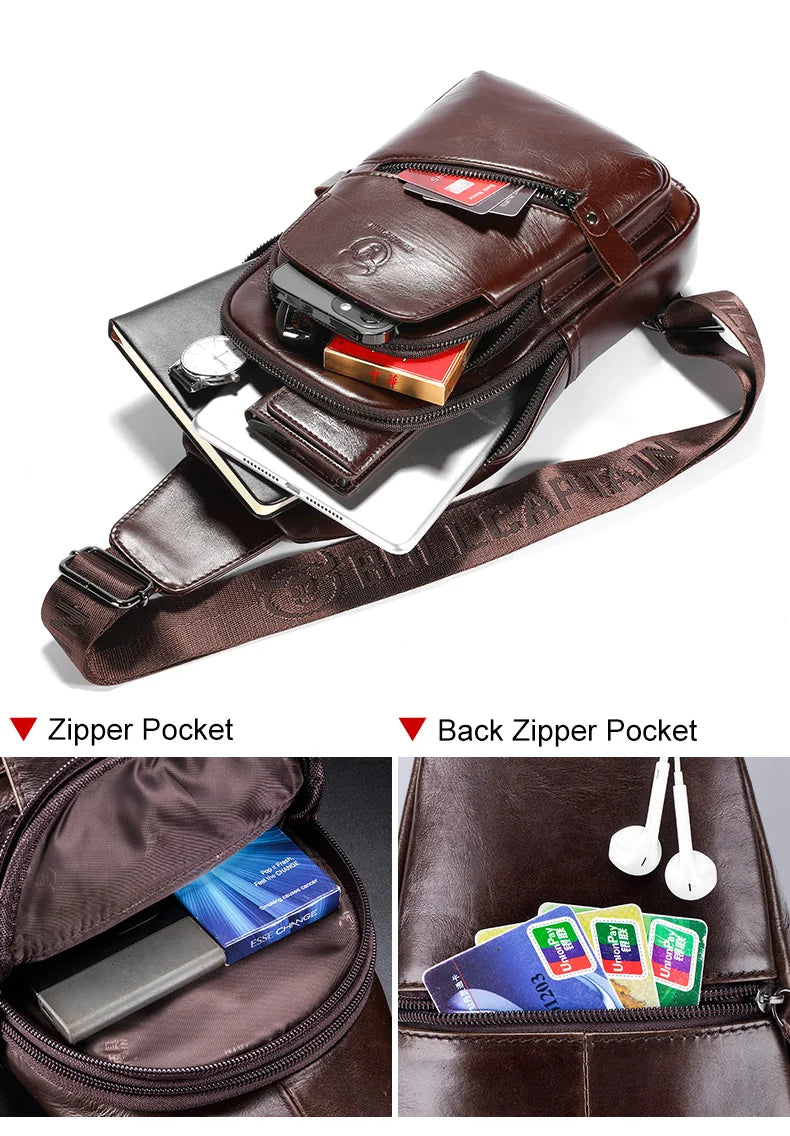 BULLCAPTAIN 2023 The Latest Men's Leather Chest Bag Large Capacity Casual Men's Messenger Bag Classic Leather Chest Bag XB 127