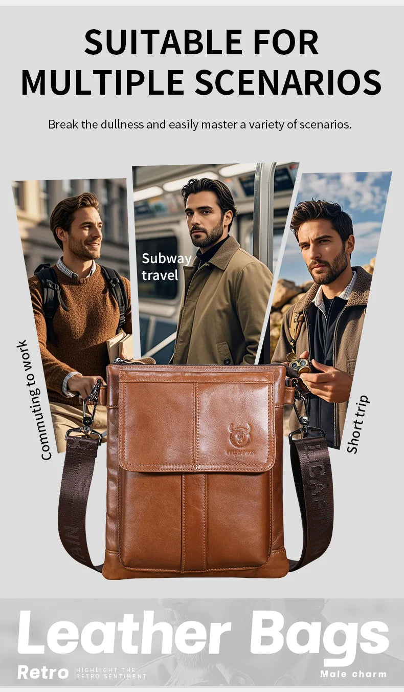 BULLCAPTAIN Men's Genuine Leather Crossbody Bag Large Capacity Multifunctional Top Layer Cowhide Shoulder Bag Fashion Man Bag