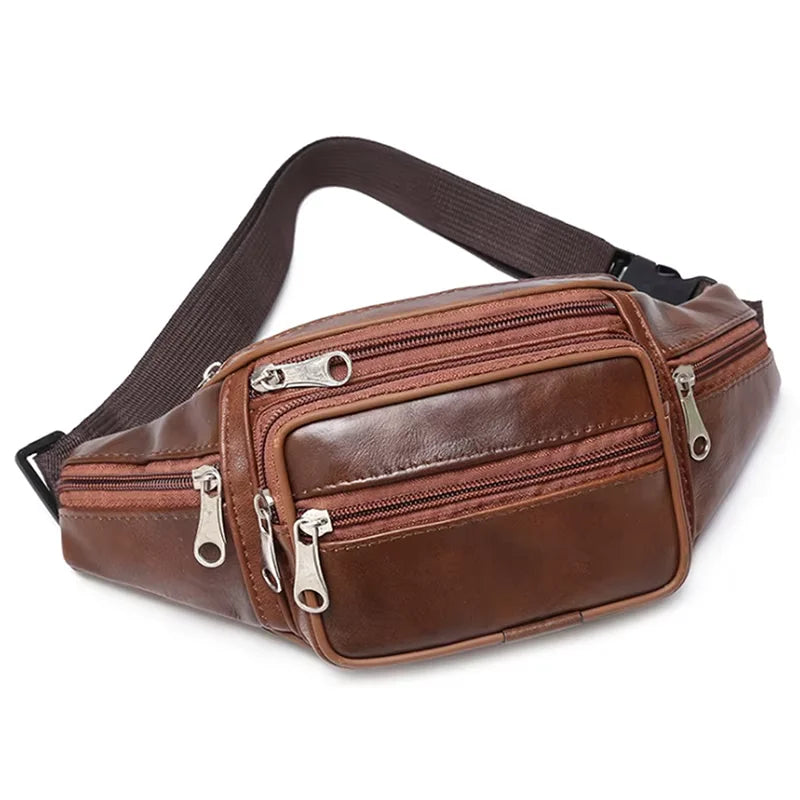Men's Top-Grain Cowhide Genuine Leather Fanny Pack Multi-Pocket Casual Crossbody Waist Bag for Outdoor Travel And Daily Use