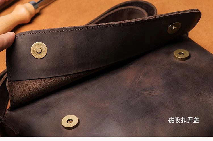 Men's Cowhide Bag Flap Fashion Shoulder Bag 7.9 Inch iPad Phone Bag Vintage Leather Crossbody Bag Gift for Husband