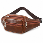 Sacoche Banane Homme en Cuir Véritable Multipoche, coloris marron clair
