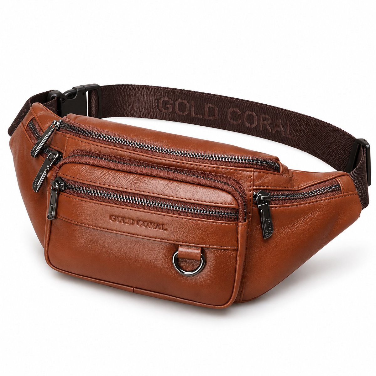 Sacoche Banane Homme en Cuir Véritable à Quatre Fermetures, coloris marron clair