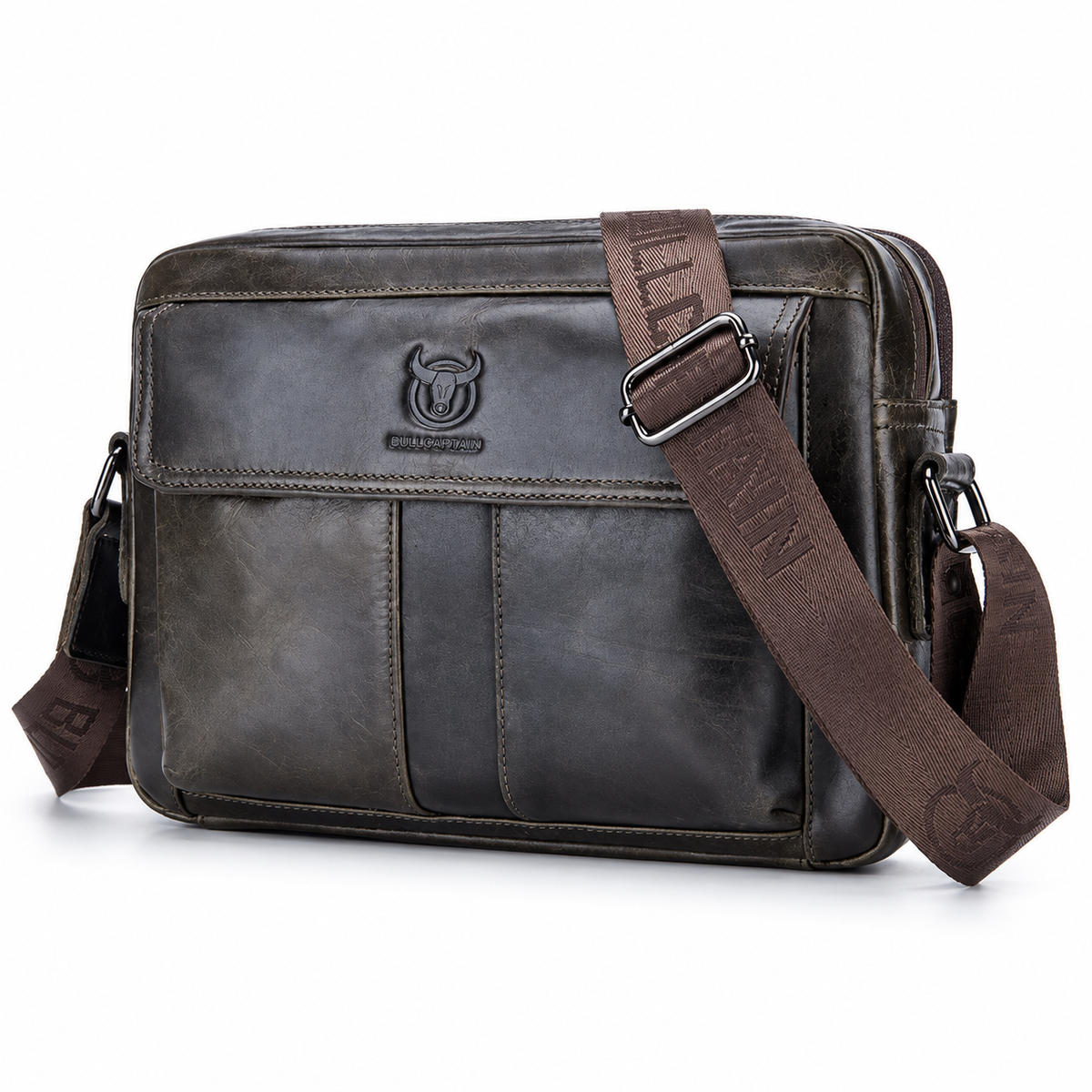 Sacoche Bandoulière Homme en Cuir Huilé à Quatre Rangements, coloris marron foncé