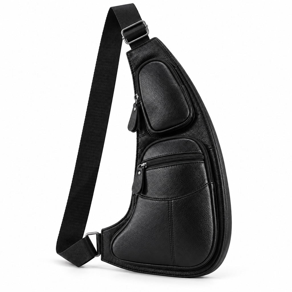 Sacoche Bandoulière Homme en Cuir Véritable Forme Demi-Lune, coloris noir