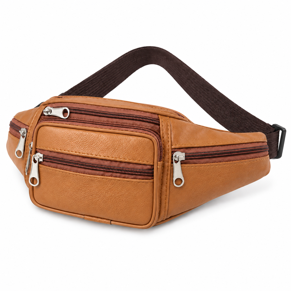 Sacoche Banane Homme en Cuir Véritable Multipoche, coloris camel