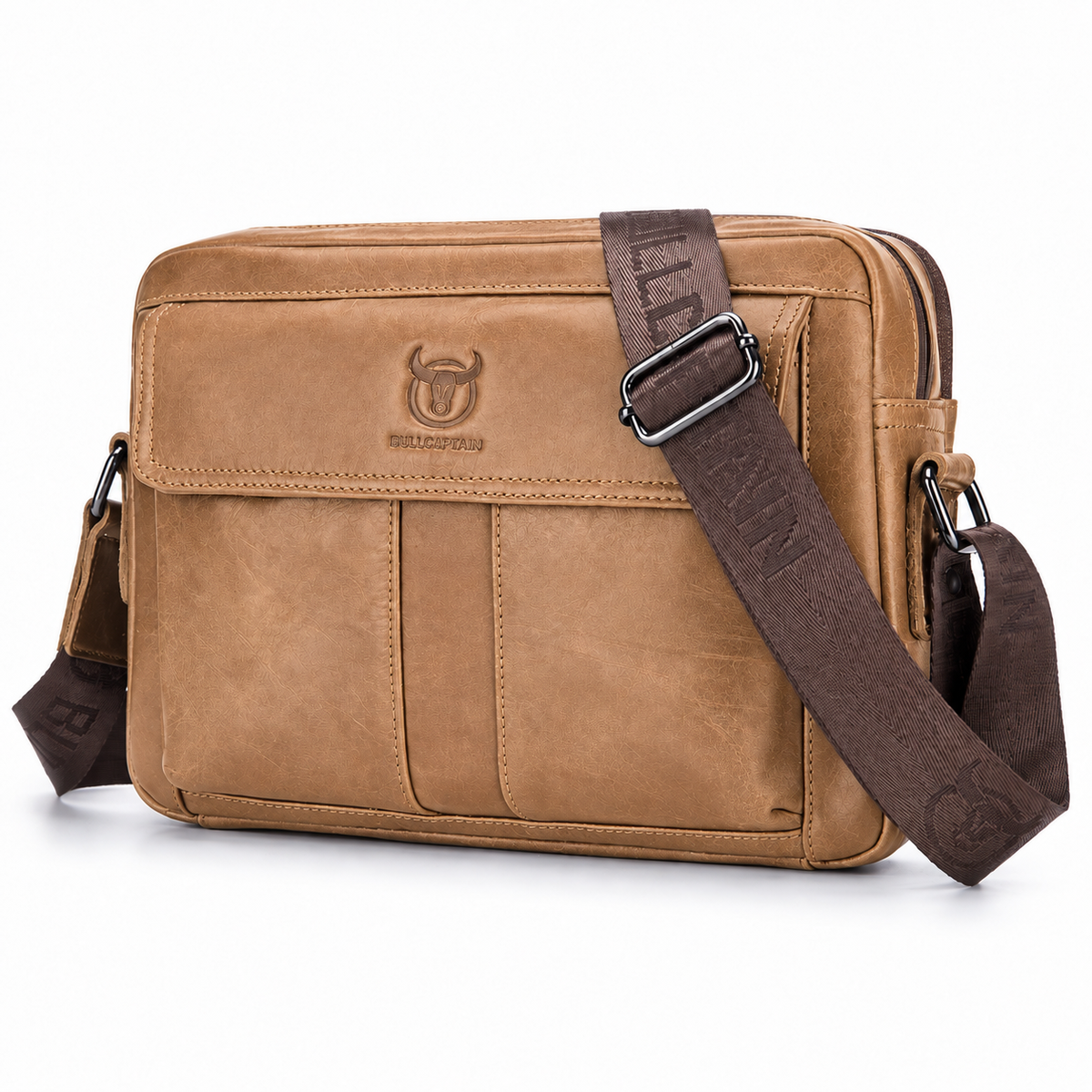 Sacoche Bandoulière Homme en Cuir Huilé à Quatre Rangements, coloris camel
