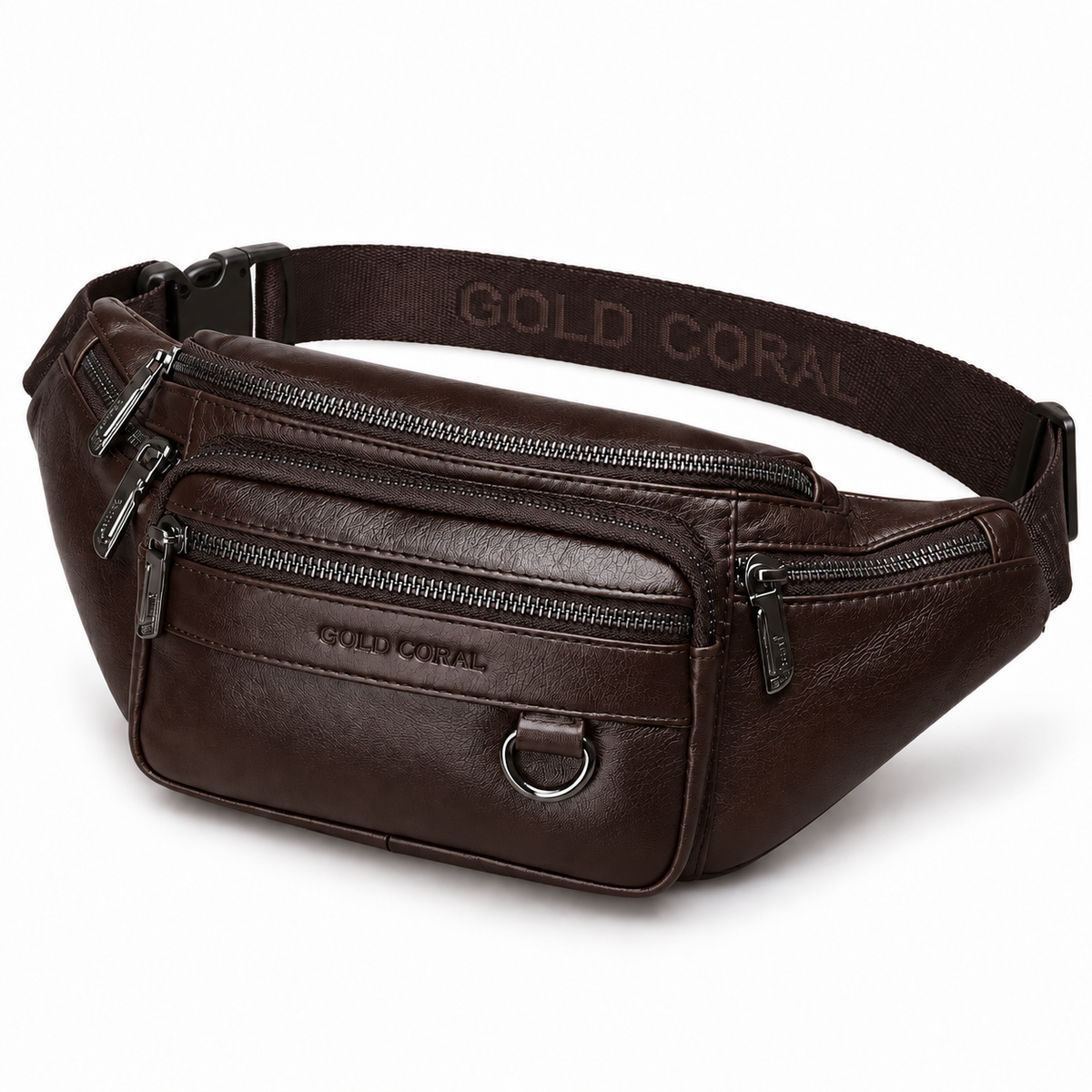 Sacoche Banane Homme en Cuir Véritable à Quatre Fermetures, coloris marron foncé