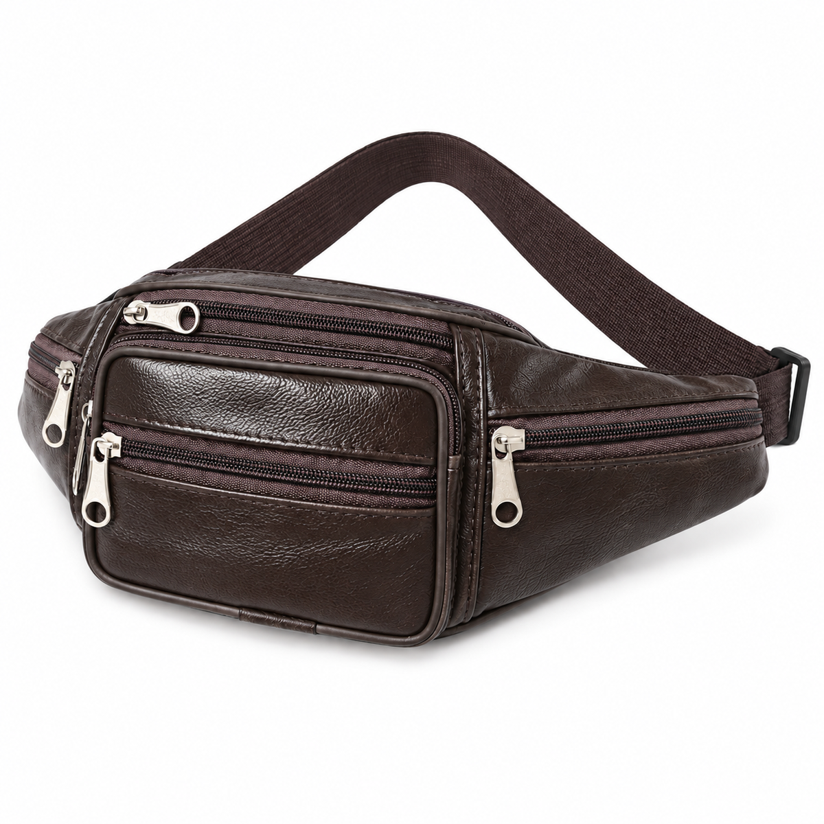 Sacoche Banane Homme en Cuir Véritable Multipoche, coloris marron foncé