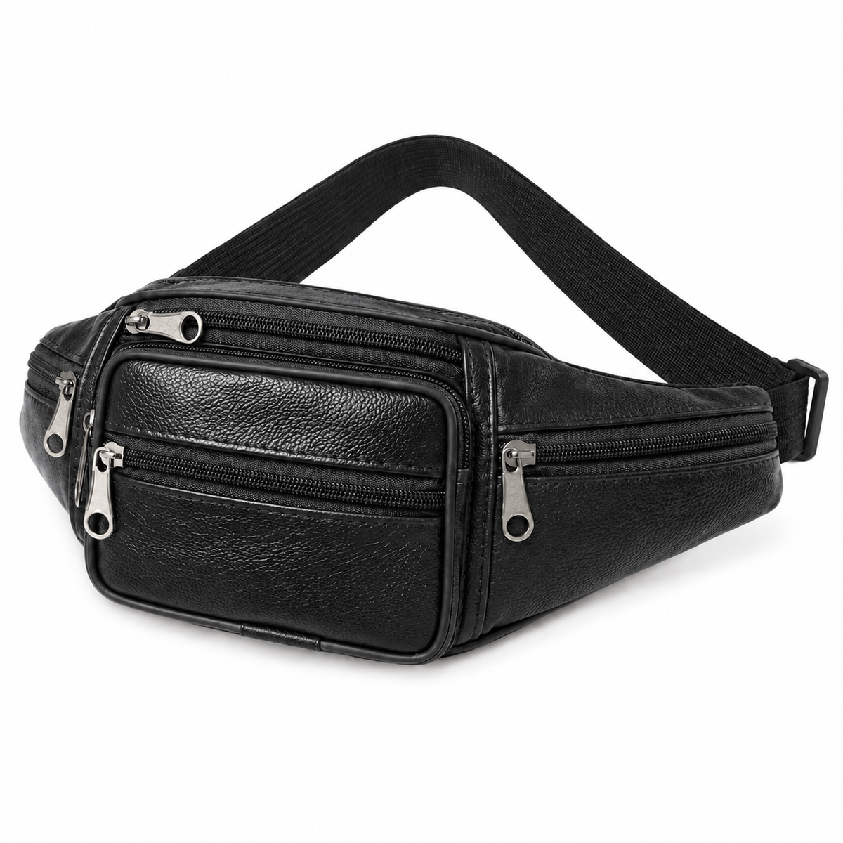 Sacoche Banane Homme en Cuir Véritable Multipoche, coloris noir