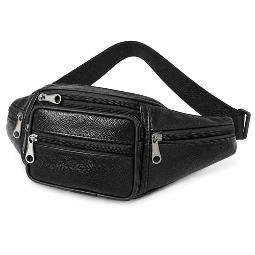 Sacoche Banane Homme en Cuir Véritable Multipoche, coloris noir