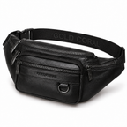 Sacoche Banane Homme en Cuir Véritable à Quatre Fermetures, coloris noir