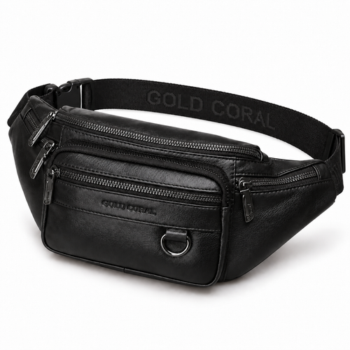 Sacoche Banane Homme en Cuir Véritable à Quatre Fermetures, coloris noir