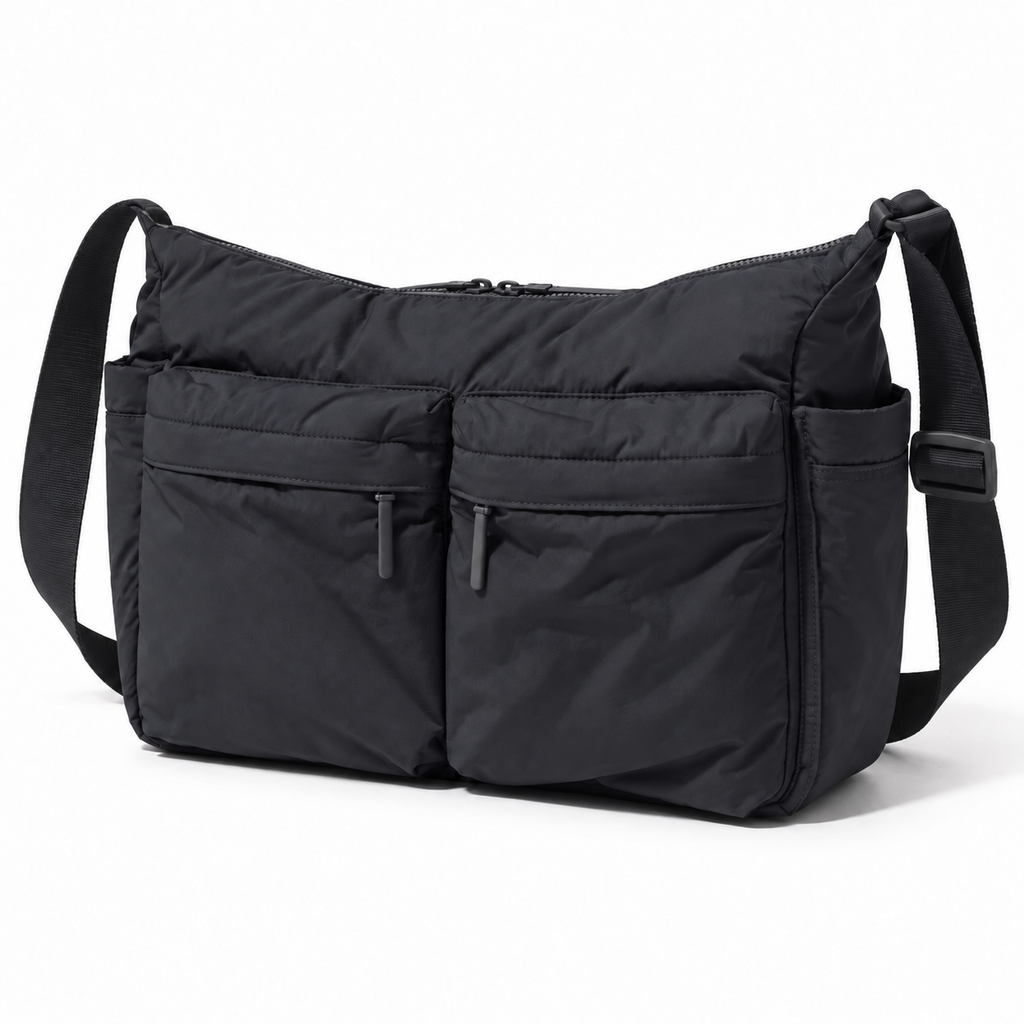 Sacoche Bandoulière Homme en Nylon à Poches Latérales, coloris noir