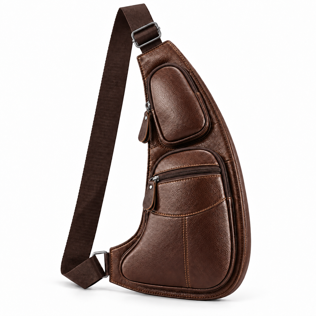 Sacoche Bandoulière Homme en Cuir Véritable Forme Demi-Lune, coloris marron
