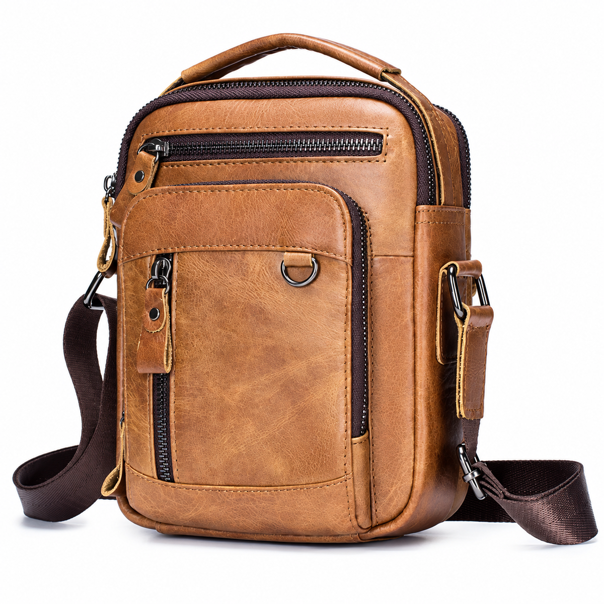 Sacoche Bandoulière Homme en Cuir Véritable avec Porte-Clés, coloris camel