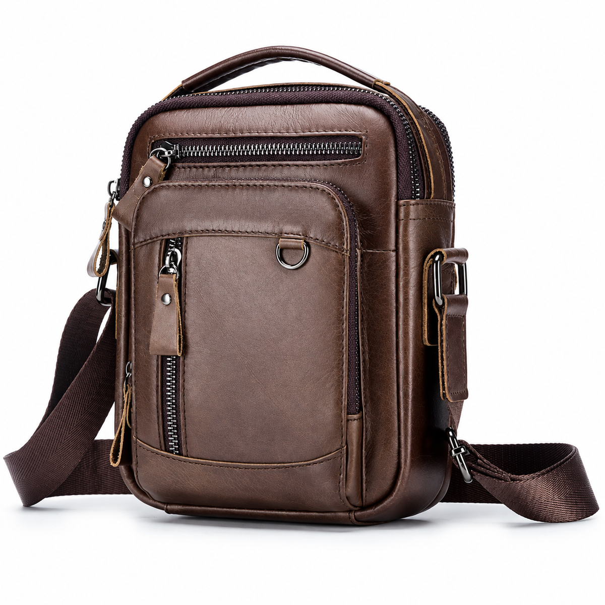 Sacoche Bandoulière Homme en Cuir Véritable avec Porte-Clés, coloris marron