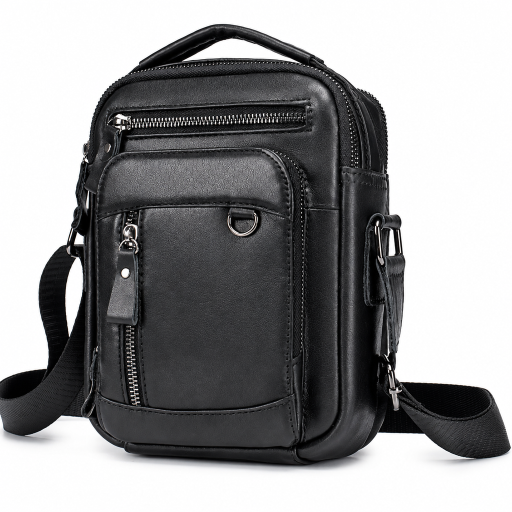 Sacoche Bandoulière Homme en Cuir Véritable avec Porte-Clés, coloris noir