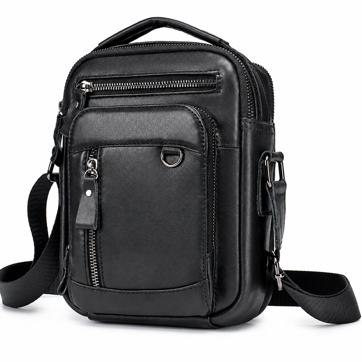 Sacoche Bandoulière Homme en Cuir Véritable avec Porte-Clés, coloris noir